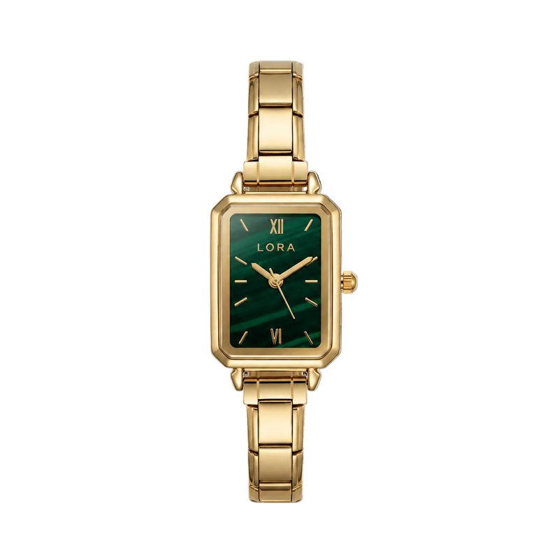 Gold watch with a green face on a black background