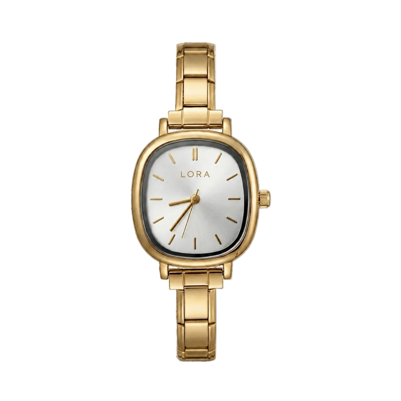 Gold watch with a white face on a black background