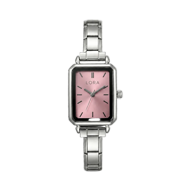 Silver watch with a pink face on a black background