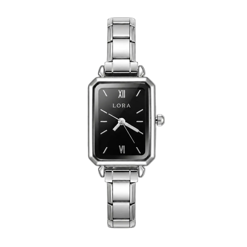 Silver watch with black face on a transparent background