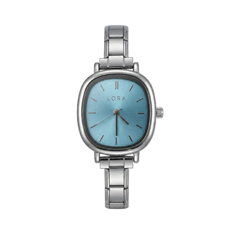 Silver watch with a blue face on a black background